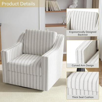 Swivel Accent Chairs Set of 2, 360° Swivel Upholstered Club Armchairs for Living Room, Comfy Reading Chair with Deep Seat, Metal Swivel Base, Pinstripe Light Gray