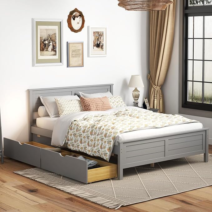 GOFLAME Full Size Bed Frame with 2 Drawers, Platform Bed with Solid Wood Headboard & Footboard, Wood Slats Support Mattress Foundation, Under Bed Storage, No Box Spring Needed, Easy Assembly, Grey