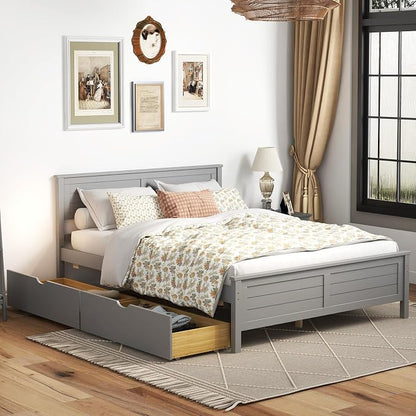 GOFLAME Full Size Bed Frame with 2 Drawers, Platform Bed with Solid Wood Headboard & Footboard, Wood Slats Support Mattress Foundation, Under Bed Storage, No Box Spring Needed, Easy Assembly, Grey