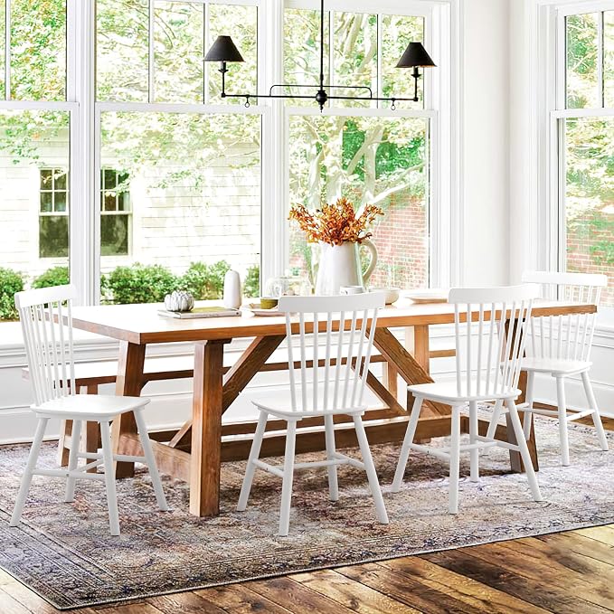 LUE BONA Windsor Dining Chair, Dining Chairs Set of 6, Spindle Back Wood Dining Chair, Kitchen Chairs Wooden, Farmhouse Dining Chairs for Kitchen and Dining Room, White