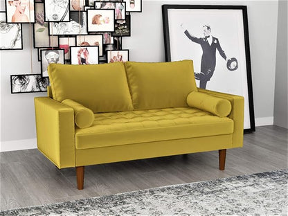 Container Furniture Direct Womble 58 Inch Velvet Loveseat Sofa with Elegant Button Tufted Upholstery, Square Arms, Splayed Wood Legs, Includes Matching Bolster Pillows, Textured Gold