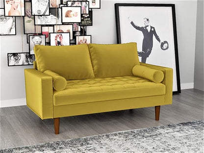 Container Furniture Direct Womble Mid Century Modern Soft Velvet Upholstered Tufted Seat with Bolster Pillows, Loveseat, Sofa, Textured Gold