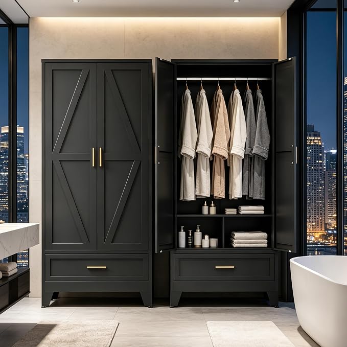71" H Metal Armoire Wardrobe Closet with Drawers, Black Wardrobe Closet with Doors and Shelves,Tall Wardrobe Closet for Bedroom