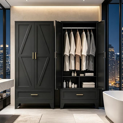 71" H Metal Armoire Wardrobe Closet with Drawers, Black Wardrobe Closet with Doors and Shelves,Tall Wardrobe Closet for Bedroom