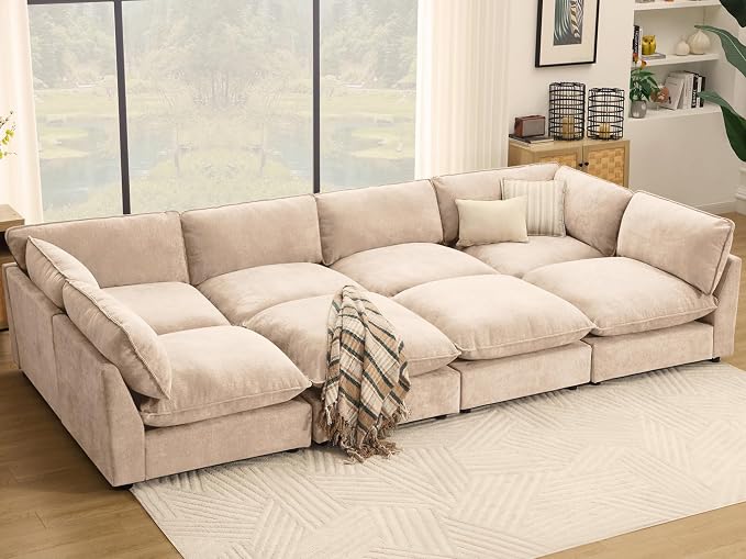 Iroomy Cloud Couch Sectional, Oversized Chenille Modular Sofa, Deep Comfy Seat, 8-Seater Sofas Couches, Living Room, Beige