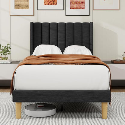 alazyhome Platform Bed Frame Twin Size with Upholstered Headboard, Solid Wood Slats Support, No Box Spring Needed, Noise Free, Easy Assembly, Modern Fabric Bed, Black