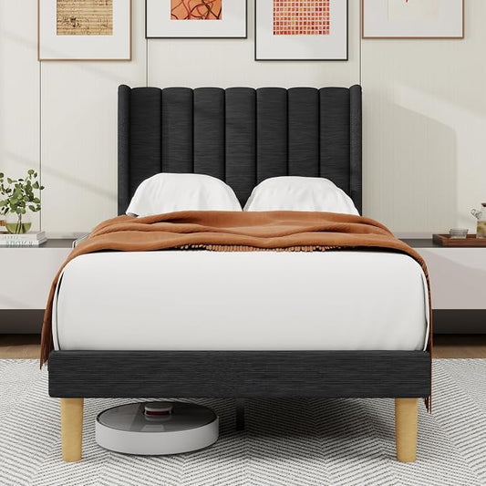 alazyhome Platform Bed Frame Twin Size with Upholstered Headboard, Solid Wood Slats Support, No Box Spring Needed, Noise Free, Easy Assembly, Modern Fabric Bed, Black