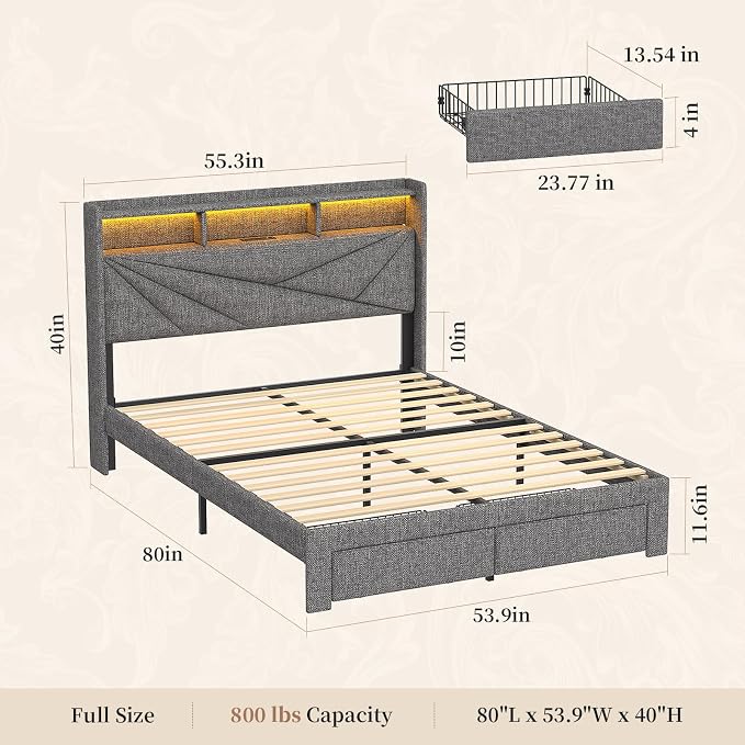 Full Size Bed Frame with Storage Headboard, Upholstered Full Bed Frame with LED Lights, USB Charging Station & 2 Storage Drawers, No Box Spring Needed, Light Grey