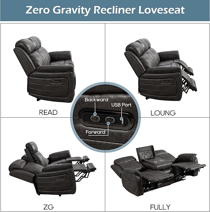 Power Zero Gravity Reclining Sofa with Adjustable Headrest, Electric Reclining Couch with Drop Down Table, Power Recliner Sofa 3-Seater for Living Room (Badlands Charcoal-Sofa)