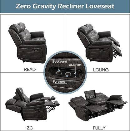 Power Zero Gravity Reclining Sofa with Adjustable Headrest, Electric Reclining Couch with Drop Down Table, Power Recliner Sofa 3-Seater for Living Room (Badlands Charcoal-Sofa)