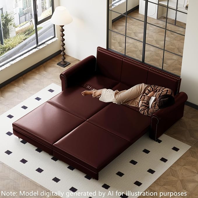 93.7" King Size Sleeper Sofa Bed, Pull Out Sofa Bed, Faux Leather Upholstery, 3 in 1 Convertible Sleeper Couch, Chaise Lounge, Retro Recliner for Living Room, Office, Apartment, Burgundy