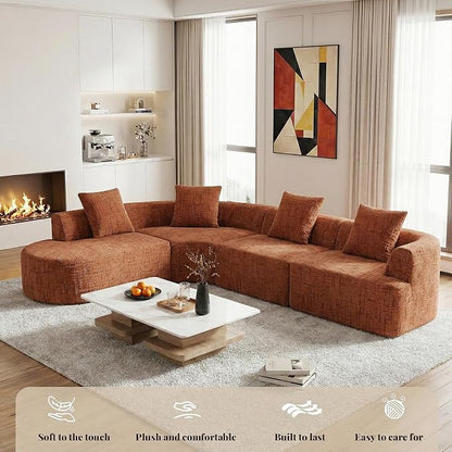 123" Curved Modular Sectional Sofa for Living Room, Oversized Chenille Cloud Couch, L-Shaped Boneless Sofa with Chaise Lounge, Compressed Couch Deep Seat, No Assembly (Rust, L-Shape Left Chaise)