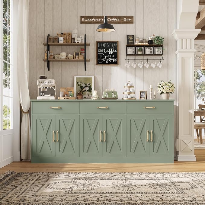 HOSTACK 71" Large Sideboard Buffet Cabinet with Storage, Farmhouse Coffee Bar Cabinet with 3 Drawers, Long Kitchen Buffet Table, Kitchen Sideboard Storage Cabinet for Dining Room, Living Room, Green