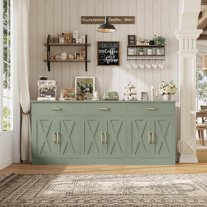 HOSTACK 71" Large Sideboard Buffet Cabinet with Storage, Farmhouse Coffee Bar Cabinet with 3 Drawers, Long Kitchen Buffet Table, Kitchen Sideboard Storage Cabinet for Dining Room, Living Room, Green