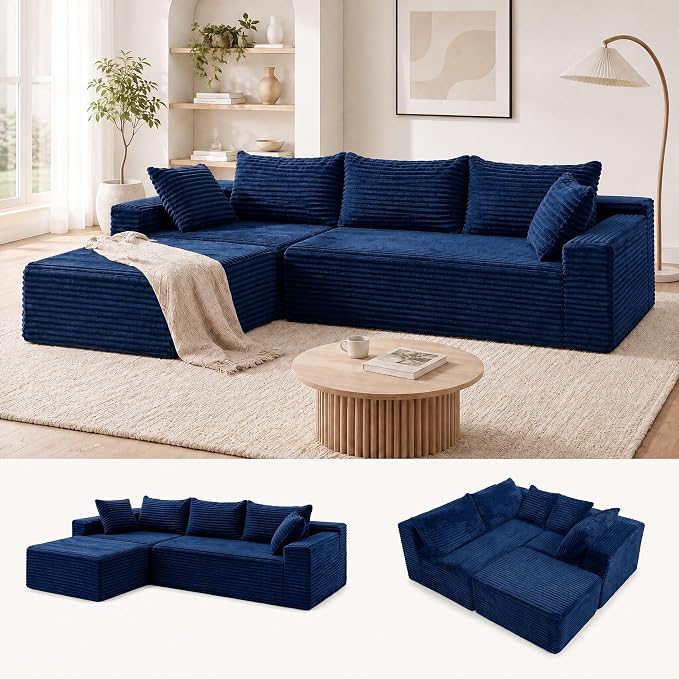 Claiks 94" Boneless Couch, Cloud Couch Sectional, L-Shape Corduroy Modular Sectional Sofa Deep Seat, Upholstered Couches for Living Room, No Assembly Required, Blue