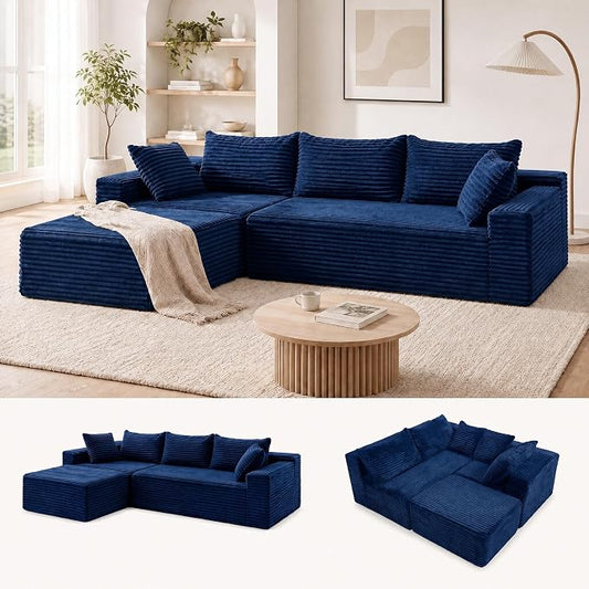 Claiks 94" Boneless Couch, Cloud Couch Sectional, L-Shape Corduroy Modular Sectional Sofa Deep Seat, Upholstered Couches for Living Room, No Assembly Required, Blue