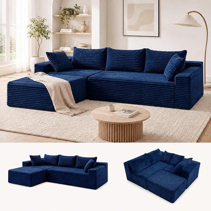 Claiks 104" Boneless Couch, Cloud Couch Sectional, L-Shape Corduroy Modular Sectional Sofa Deep Seat, Upholstered Couches for Living Room, No Assembly Required, Blue