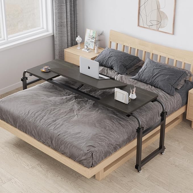 TigerDad Tilt Overbed Table with Wheels, Height Adjustable Rolling Desk for King Queen Bed, Tilting Laptop Cart Mobile Computer Workstation, Dekuwood