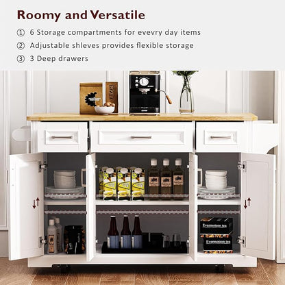 Large Kitchen Island with Rubber Wood Drop Leaf, Rolling Kitchen Cart with Ample Storage on Wheels with Doors and Drawers, Embossed Texture for Dining Room (54Inch, White, Silver Handle)