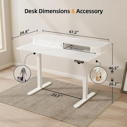 JOY worker Height Adjustable Electric Standing Desk with Storage Shelves, 48 Inch Table with Built-in Monitor Stand, Sit Stand Desk with 2 Hooks for Home Office, White