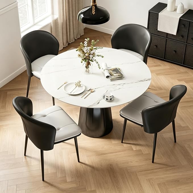 Faux Leather Dining Chairs Set of 6, Curved Back Upholstered Accent Chair, Modern Kitchen Side Chair with Metal Legs for Dining Room, Living Room, Bedroom, Black