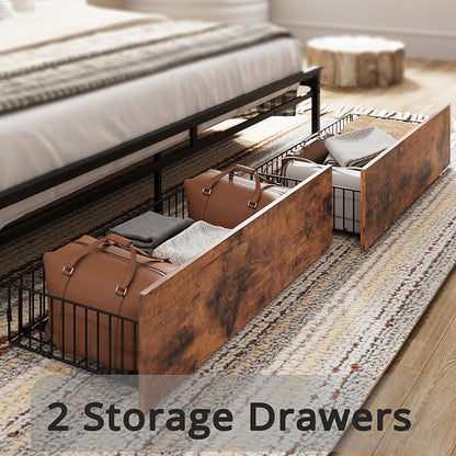 LIKIMIO Queen Size Bed Frame with 2 Drawers and Charging Station | Platform Bed with Upholstered Storage Headboard, No Box Spring Needed, Easy Assembly, Sturdy, Vintage Brown and Gray