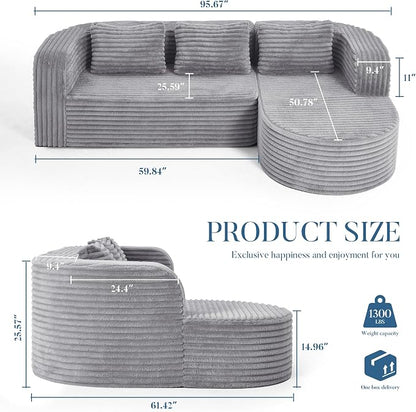 Hobestluk Modular Sectional Sofa Couches L-Shape Couch 3 Seat Modular Sofa Memory Foam Sectional Couches for Living Room, Cloud Couch (Round Lightgrey, 96", Right Hand Facing)