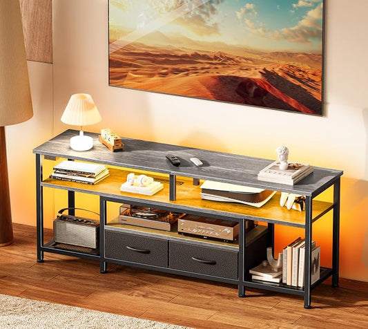 Huuger TV Stand for 55 60 Inch TV, Entertainment Center with Power Outlets and LED Lights, 54 Inch TV Console for Living Room, Media Console with Drawers and Shelves, Grey, 8778HC
