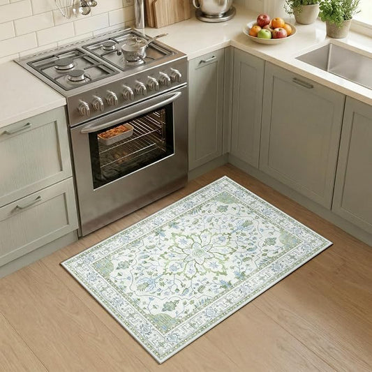 RELEANY Area Rugs Small 2'x3' Washable Non-Slip, Floral Vintage Distress Medallion Carpet for Kitchen Entryway Bathroom, Green White Blue