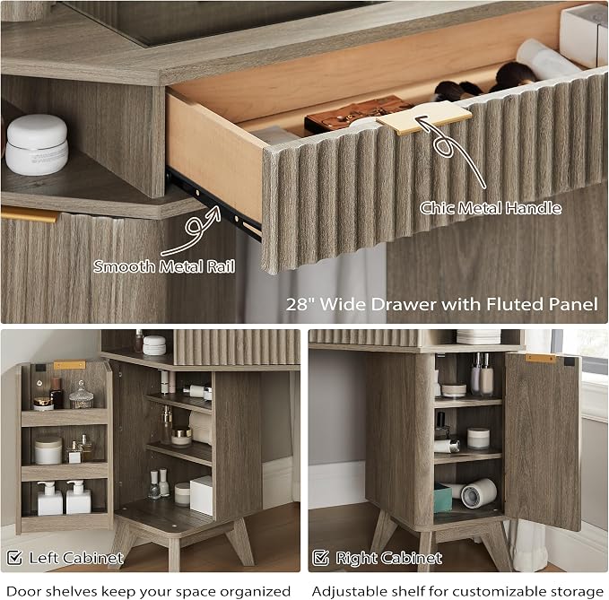 T4TREAM Fluted Makeup Vanity Desk with 3 Way Mirror and Lights, 48" Large Corner Vanity Table with Glass Top, Charging Station, 3 Drawers, Storage Cabinets & Shelves, for Bedroom, Grey Alder