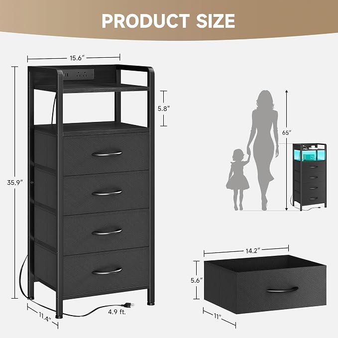 Lazzanto Night Stand Bedside Table Bedroom - Tall Nightstand with Charging Station & LED Light Strip, Bed Side Table with Shelf & Drawers, 2 U-S-B Ports & 2 AC Outlets, Black