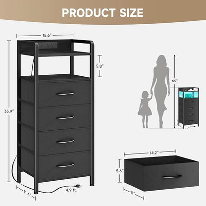 Lazzanto Night Stand Bedside Table Bedroom - Tall Nightstand with Charging Station & LED Light Strip, Bed Side Table with Shelf & Drawers, 2 U-S-B Ports & 2 AC Outlets, Black