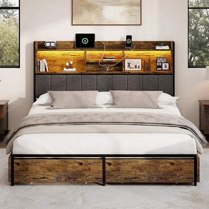 BRELTAM Queen Bed Frame with 6 Storage Drawers, Linen Upholstered Headboard, Built-in USB Charging Station & LED Lighting, Silent Metal Support, No Box Spring Needed, Vintage Brown