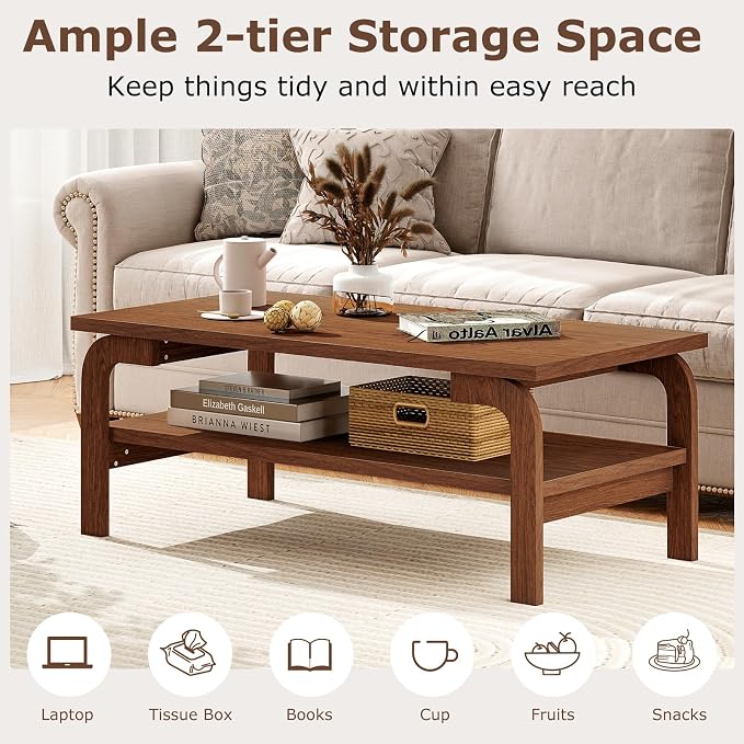 Giantex Mid Century Modern Coffee Table, 47" 2-Tier Center Table with Storage Shelf, Rectangular Vintage Cocktail Table w/Curved Legs & Large Tabletop, Wood Living Room Tables for Apartment, Walnut