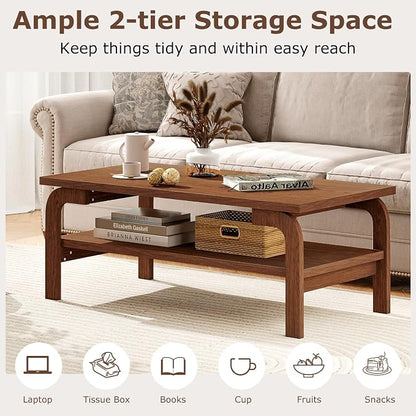 Giantex Mid Century Modern Coffee Table, 47" 2-Tier Center Table with Storage Shelf, Rectangular Vintage Cocktail Table w/Curved Legs & Large Tabletop, Wood Living Room Tables for Apartment, Walnut
