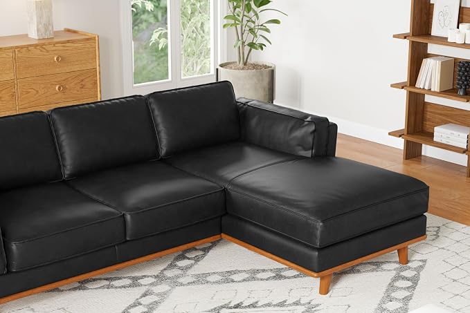 Valencia Artisan Full Leather Sofa - Right Chaise Sectional Couch - Pure Full Italian Nappa Leather Couch, Solid Wood Accent and Ultimate Comfort, Black