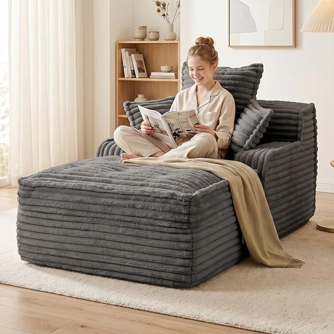 57 Inch Chaise Lounge Chair Indoor, Corduroy Upholstered Boneless Sofa Bed, Deep Seat Sleeper Couch Reading Chairs, Small Comfy Cloud Sofas Couches for Living Room, Bedroom, Grey