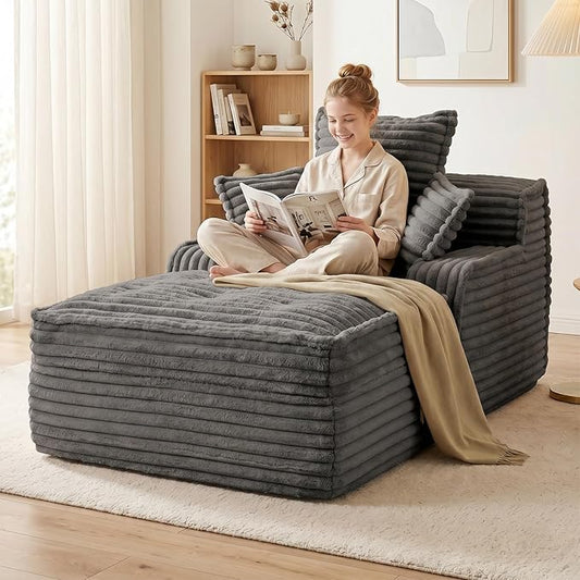 57 Inch Chaise Lounge Chair Indoor, Corduroy Upholstered Boneless Sofa Bed, Deep Seat Sleeper Couch Reading Chairs, Small Comfy Cloud Sofas Couches for Living Room, Bedroom, Grey