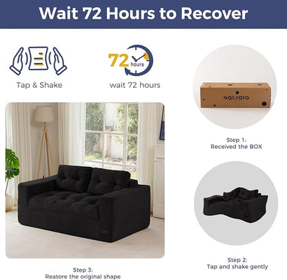 MAXYOYO 63" Loveseat Sofa Couch for Small Spaces, Upholstered Boneless Cloud Couch for Apartment Bedroom, 2-Seater Love Seat Floor Modern Sofa with Pillows, No Assembly Required, Black