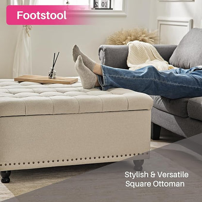 Redlife 35 Inch Large Square Storage Ottoman, Storage Ottoman Coffee Table with Lift Top Linen Ottomans Bench Square Footrest Oversized Upholstered Coffee Table for Living Room Bedroom (Beige)