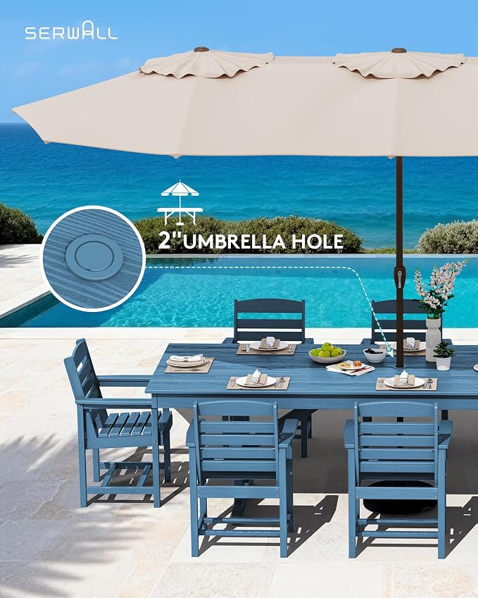 SERWALL 10 Piece 84" HDPE Outdoor Dining Set for 8 with 15ft Double-Sided Umbrella, Blue