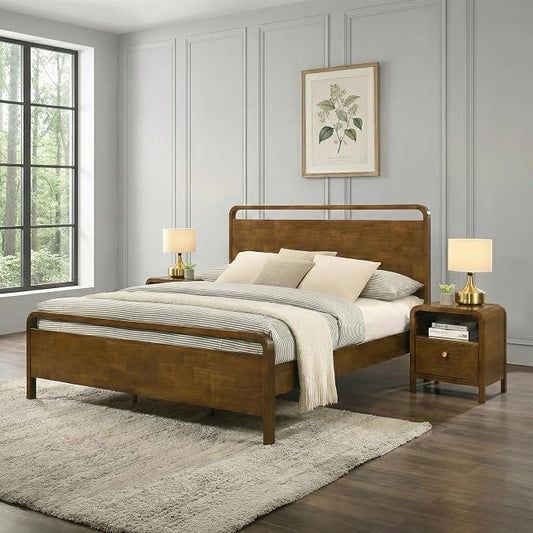 Roundhill Furniture Eldren Wood Bedroom Set, Queen Platform Bed with Two Nightstands in Walnut Finish