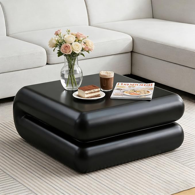 31.5" Modern Black Coffee Table, Stone Coffee Table, Square Minimalist Center Table, Contemporary Low Sofa Side Accent End Tea Table for Living Room Bedroom Apartment, No Assembly Required