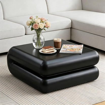 31.5" Modern Black Coffee Table, Stone Coffee Table, Square Minimalist Center Table, Contemporary Low Sofa Side Accent End Tea Table for Living Room Bedroom Apartment, No Assembly Required