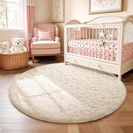 Ophanie Round Rug 4Ft Ivory Circle Area Rugs, Fluffy Fuzzy Small Bedroom Carpet 4 foot, Plush Shag Floor Cream Living Room Christmas Circular Aesthetic Decor for Kids Teen Boys Baby, Nursery,Classroom