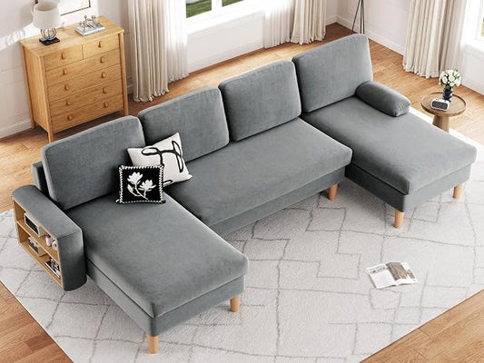 YITAHOME 109" U-Shaped Couch, 4-Seat Cloud Sofa with Dual Chaise Lounges, Storage Armrest, Cup Holder & Thick Cushions for Living Room