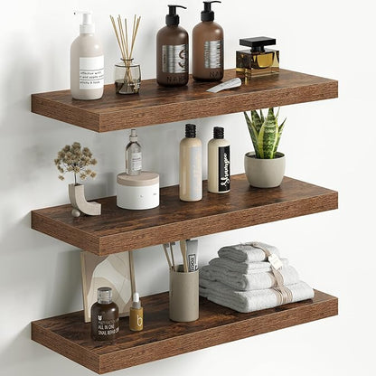 Fun Memories Floating Shelves for Wall 24 Inch Set of 3, Farmhouse Floating Shelves with Invisible Heavy Duty Bracket, 10 Inch Deep Bathroom Shelves for Storage, Living Room, Kitchen, Decor, Brown