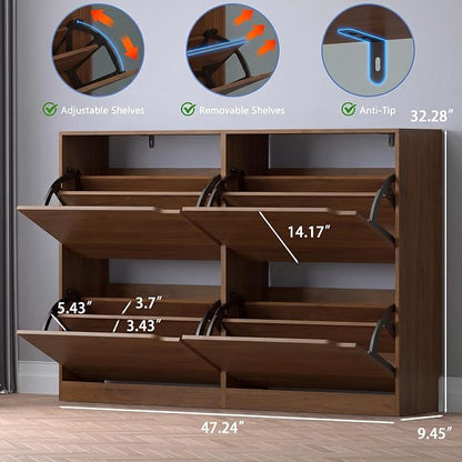 BORNOON Shoe Cabinet with 4 Flip Drawers, Narrow Hidden Shoe Storage Cabinet, Slim Freestanding Shoe Rack Organizer for Entryway, Hallway, Bedroom, Living Room