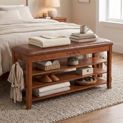 Shoe Rack Bench Entryway Storage with Leather Cushion, Shoe Organizer Bench for Entryway, Front Doors Entrances Hallway,Mudroom,Closet, Bedroom,Solidwood 3 Height-Adjustable Removable Shelve,47.2"