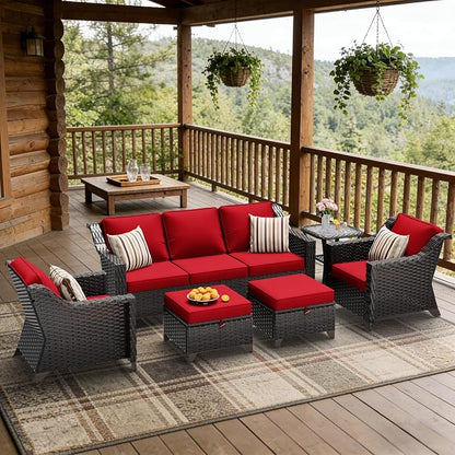 6 Pieces Patio Conversation Furniture Set - 1 Sofa, 2 Armchairs, 2 Ottomans, 1 Side Table, Outdoor Wicker Furniture with Removable Cushions for Porch, Balcony, Sunroom (Red)